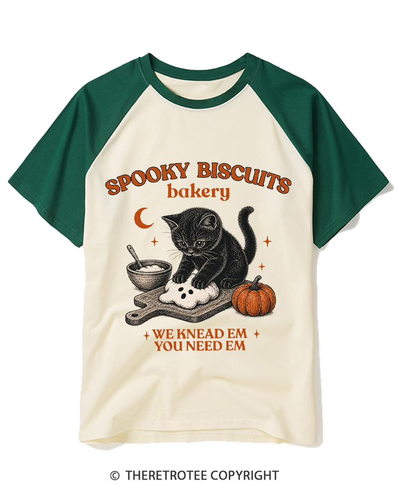 TheRetroTee Spooky Biscuits Bakery 1970s Raglan Baseball T-Shirt