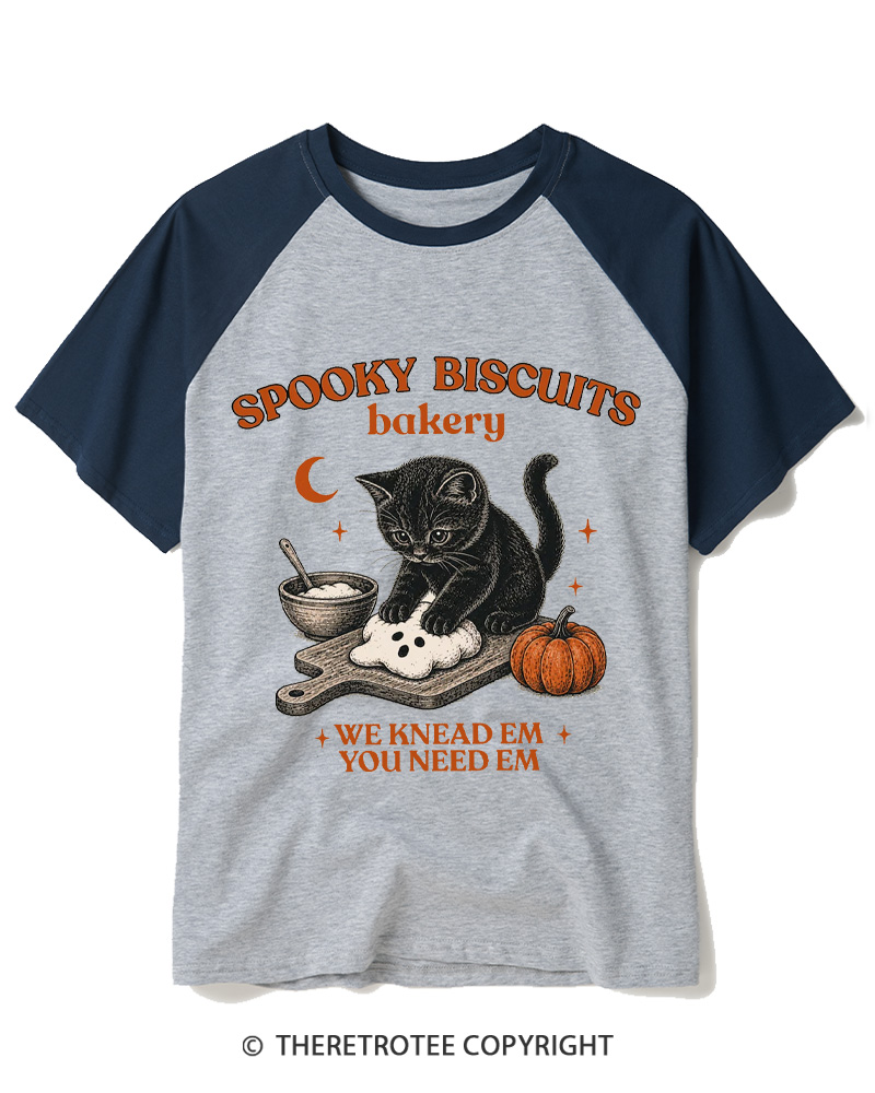 TheRetroTee Spooky Biscuits Bakery 1970s Raglan Baseball T-Shirt