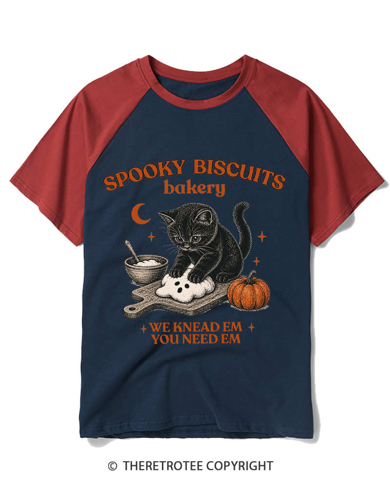 TheRetroTee Spooky Biscuits Bakery 1970s Raglan Baseball T-Shirt