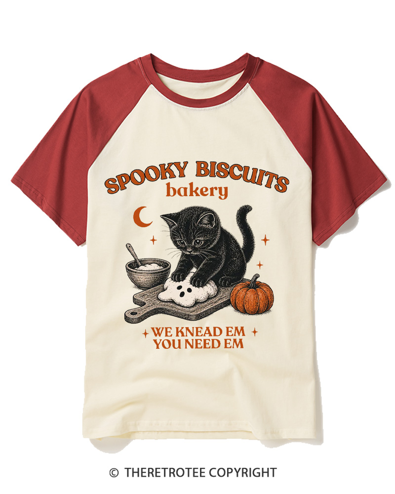 TheRetroTee Spooky Biscuits Bakery 1970s Raglan Baseball T-Shirt