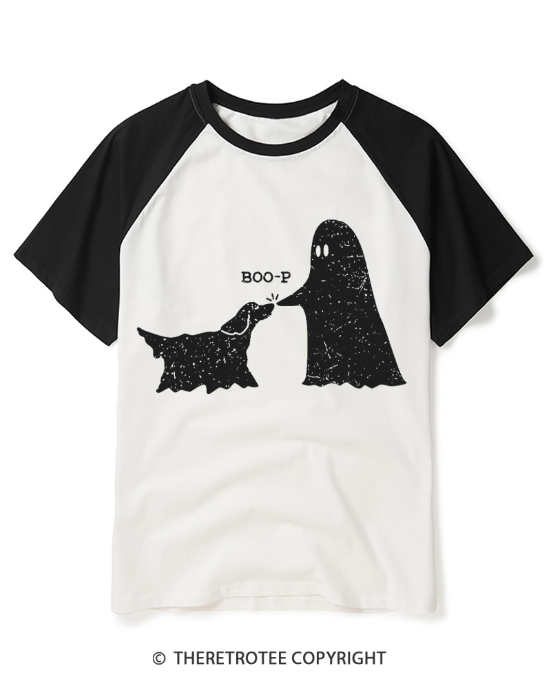 TheRetroTee Boo-p Ghost Dog Vintage Raglan Baseball T-Shirt