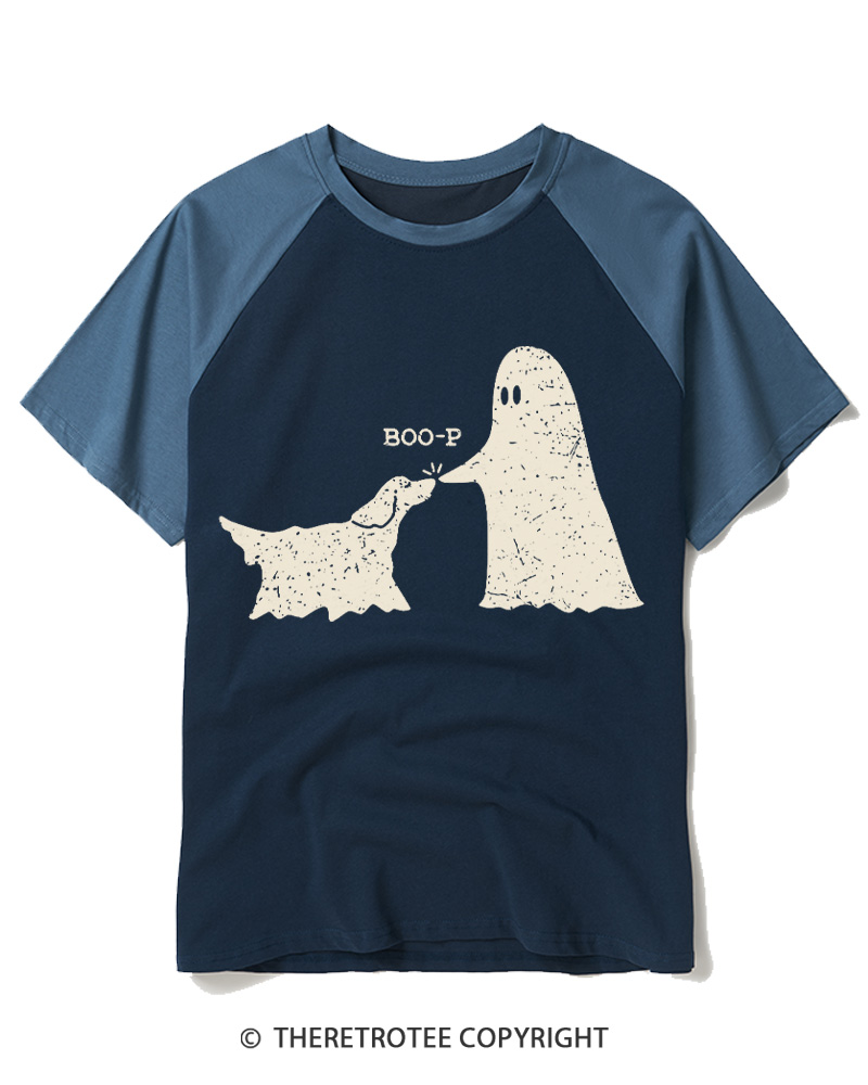 TheRetroTee Boo-p Ghost Dog Vintage Raglan Baseball T-Shirt