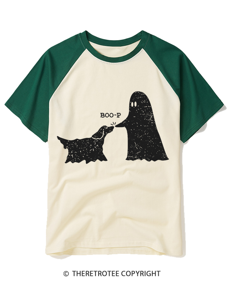 TheRetroTee Boo-p Ghost Dog Vintage Raglan Baseball T-Shirt