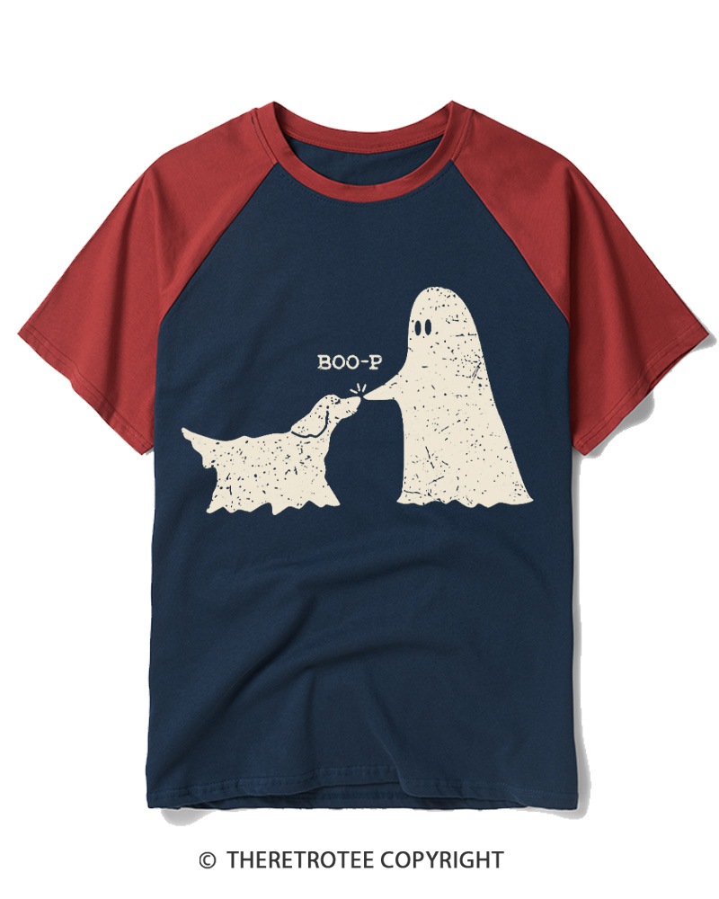 TheRetroTee Boo-p Ghost Dog Vintage Raglan Baseball T-Shirt