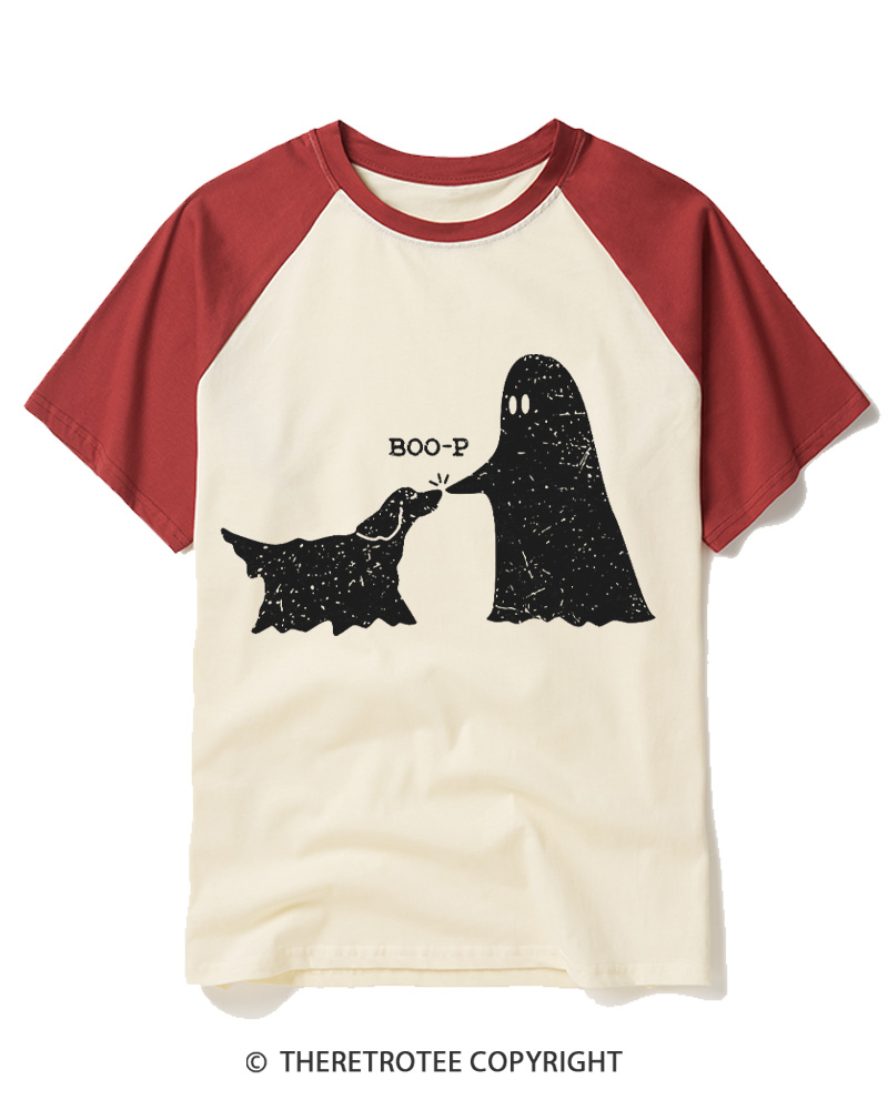 TheRetroTee Boo-p Ghost Dog Vintage Raglan Baseball T-Shirt
