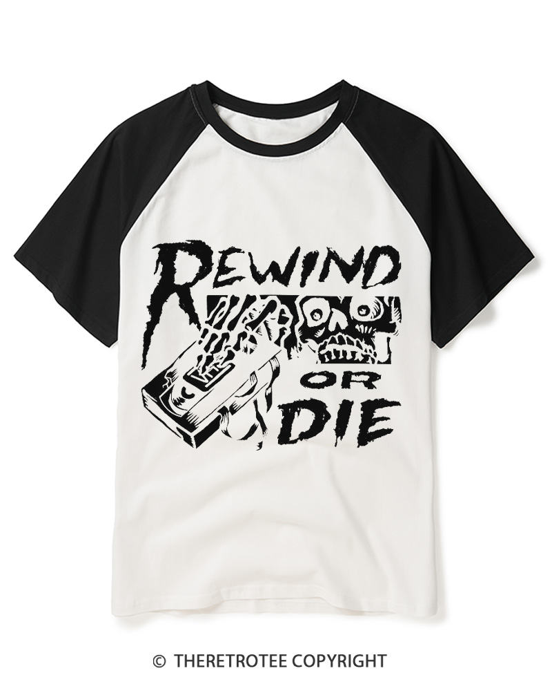 TheRetroTee Rewind Or Die 1980s Raglan Baseball T-Shirt