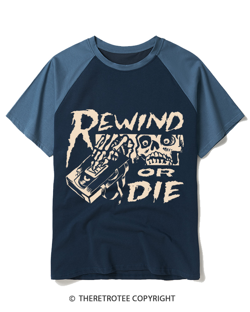 TheRetroTee Rewind Or Die 1980s Raglan Baseball T-Shirt