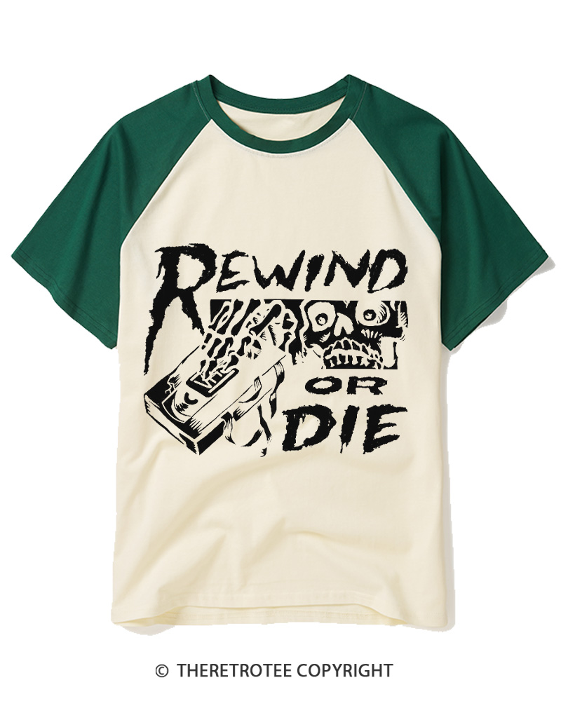 TheRetroTee Rewind Or Die 1980s Raglan Baseball T-Shirt