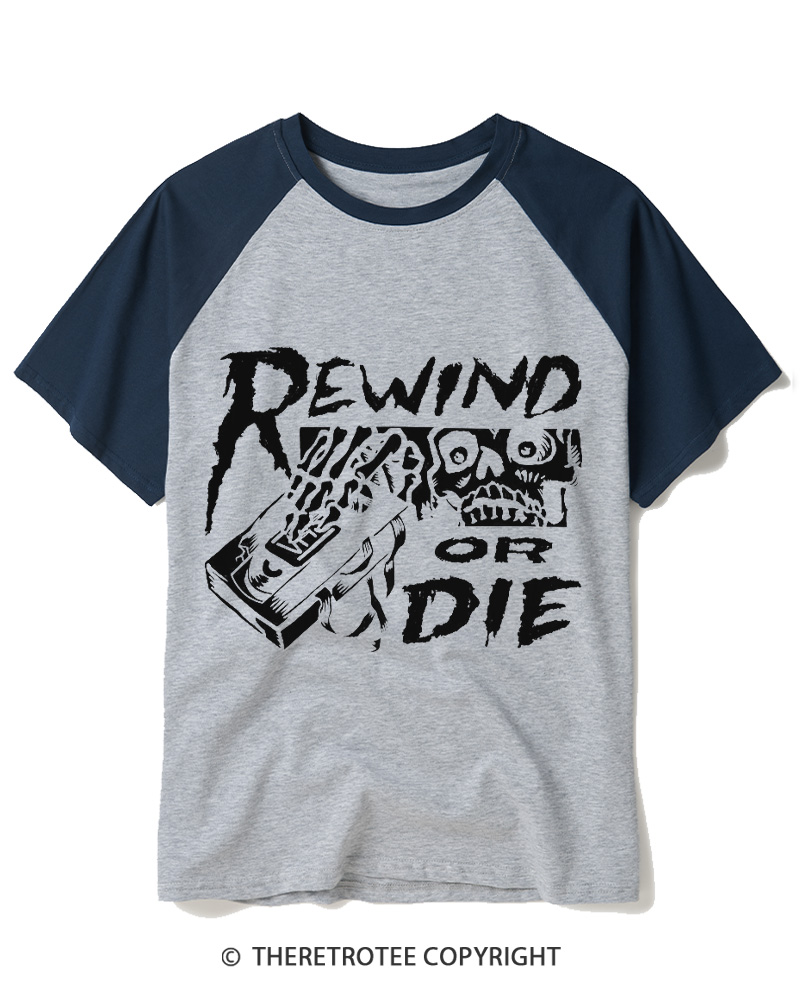 TheRetroTee Rewind Or Die 1980s Raglan Baseball T-Shirt