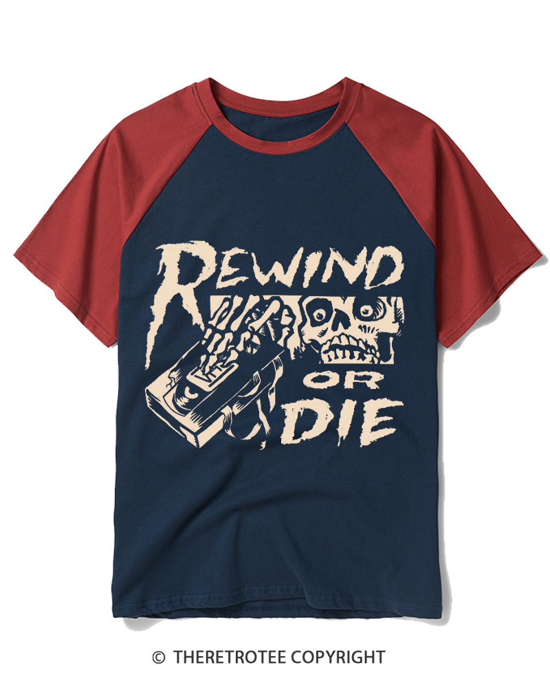 TheRetroTee Rewind Or Die 1980s Raglan Baseball T-Shirt