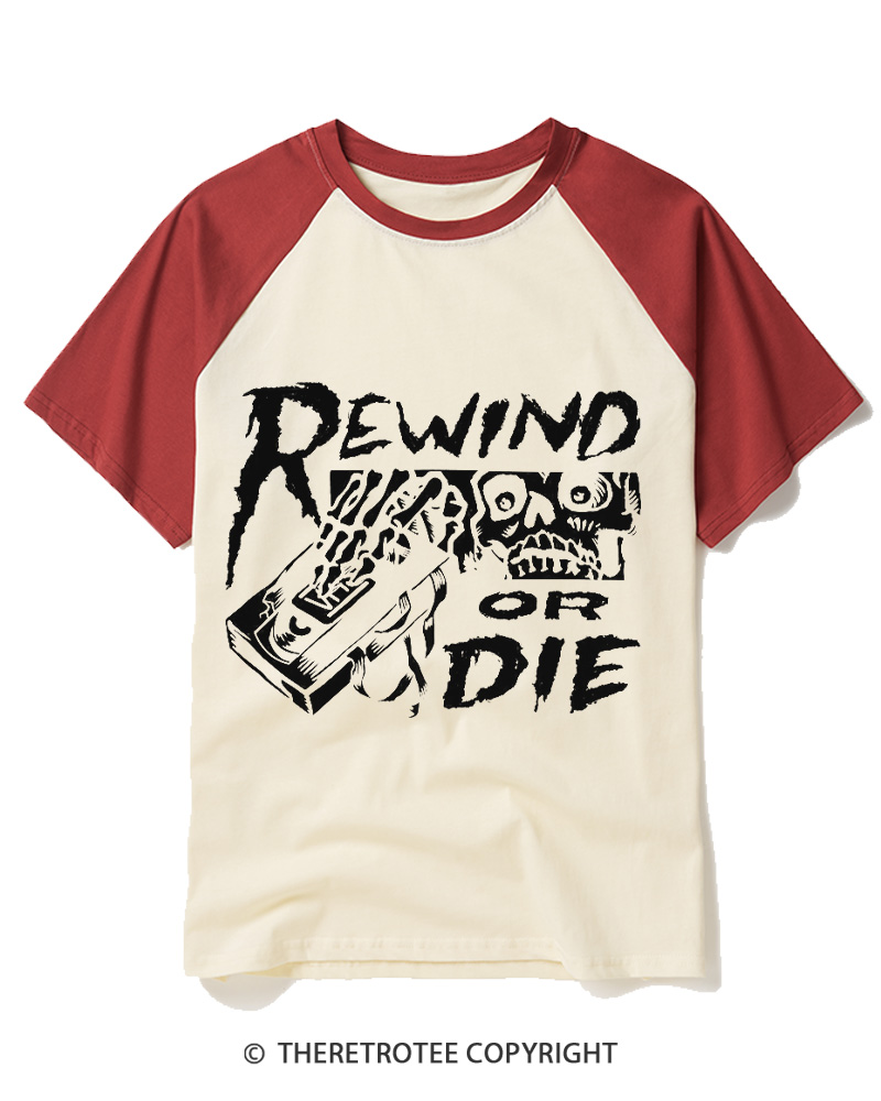 TheRetroTee Rewind Or Die 1980s Raglan Baseball T-Shirt
