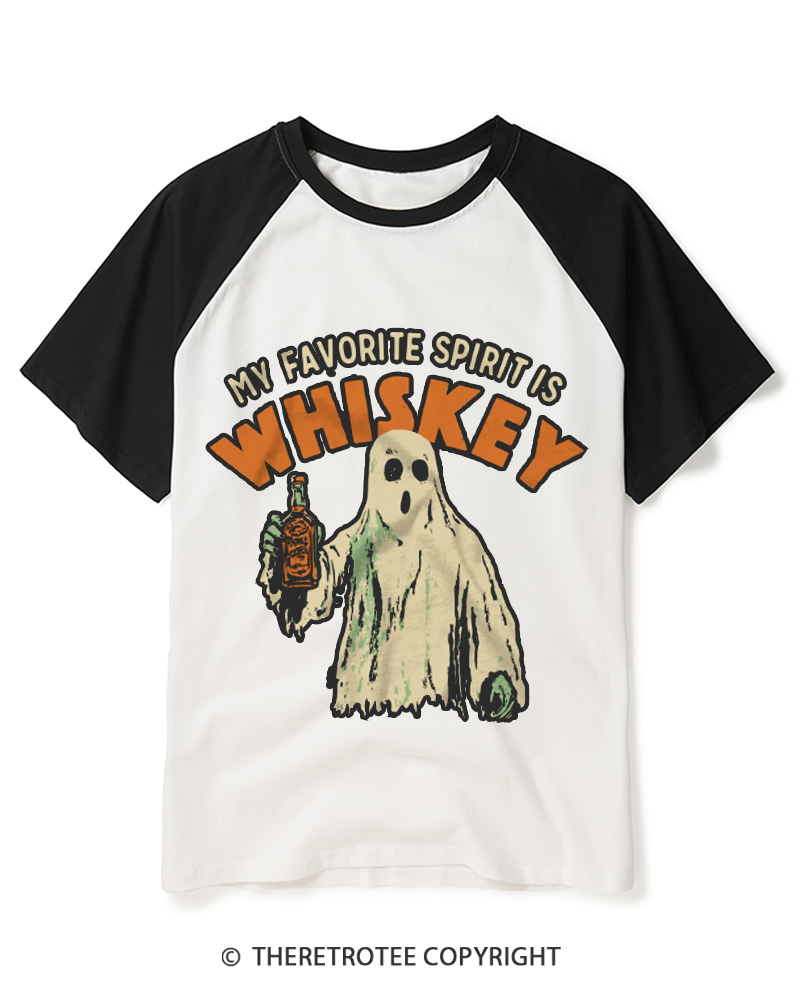 TheRetroTee My Favorite Spirit Is Whiskey 1970s Raglan Baseball T-Shirt