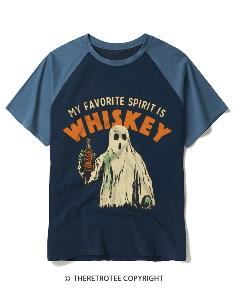 TheRetroTee My Favorite Spirit Is Whiskey 1970s Raglan Baseball T-Shirt