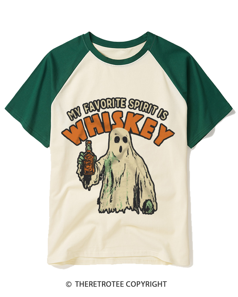 TheRetroTee My Favorite Spirit Is Whiskey 1970s Raglan Baseball T-Shirt
