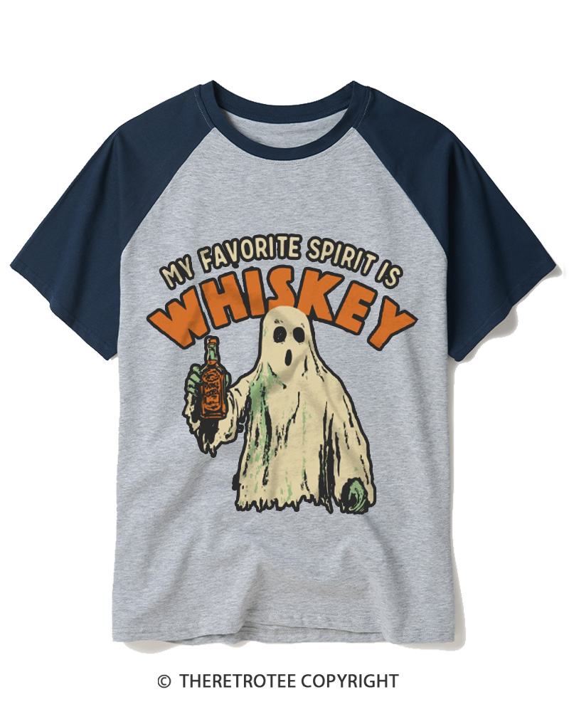 TheRetroTee My Favorite Spirit Is Whiskey 1970s Raglan Baseball T-Shirt
