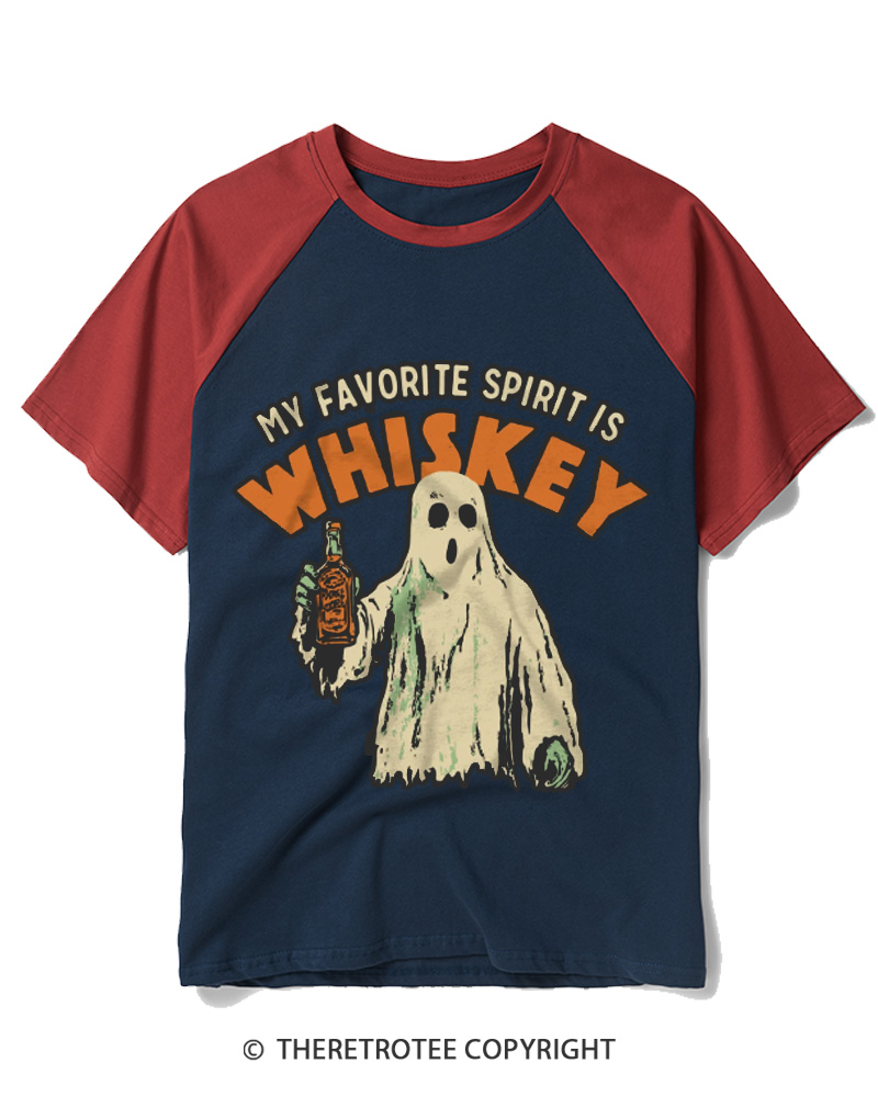 TheRetroTee My Favorite Spirit Is Whiskey 1970s Raglan Baseball T-Shirt