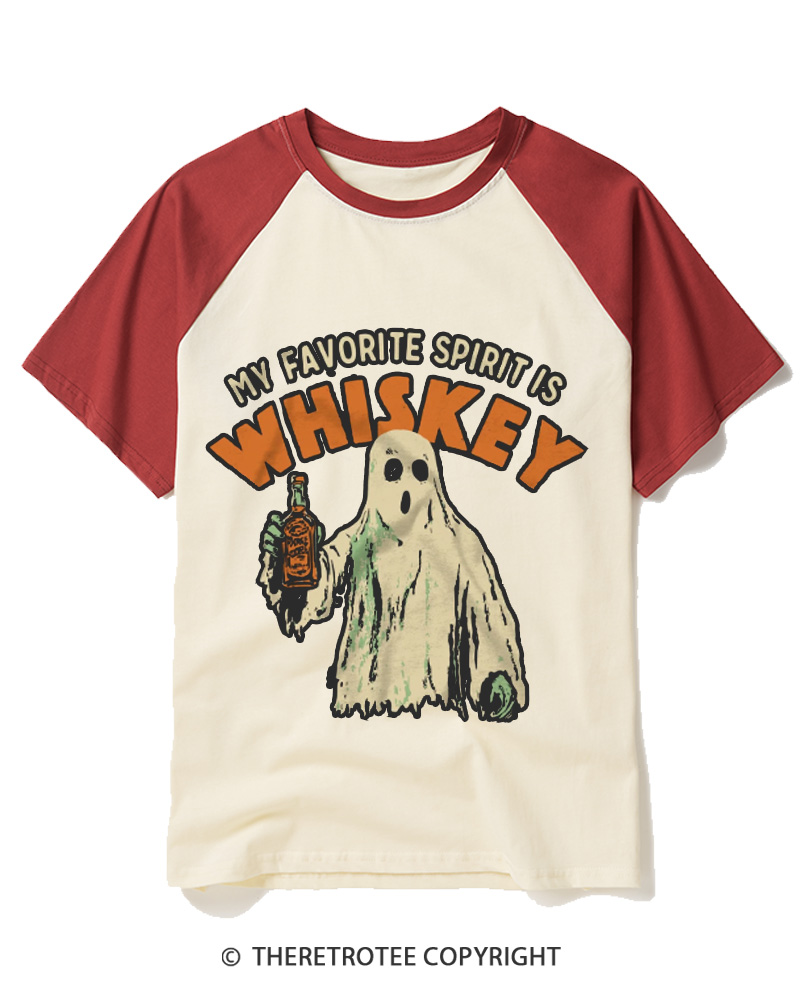 TheRetroTee My Favorite Spirit Is Whiskey 1970s Raglan Baseball T-Shirt