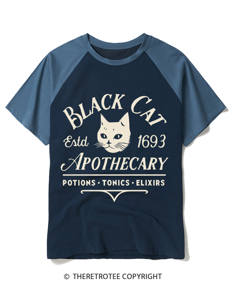 TheRetroTee Black Cat Apothecary Vintage Raglan Baseball T-Shirt