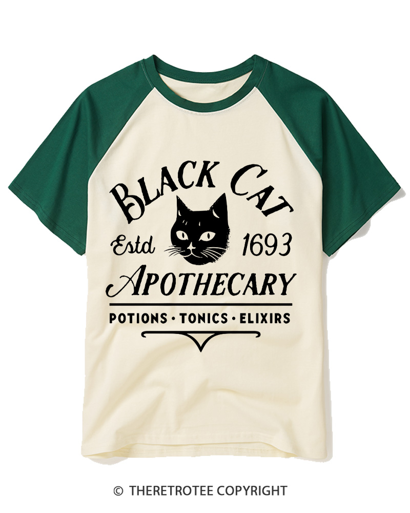 TheRetroTee Black Cat Apothecary Vintage Raglan Baseball T-Shirt