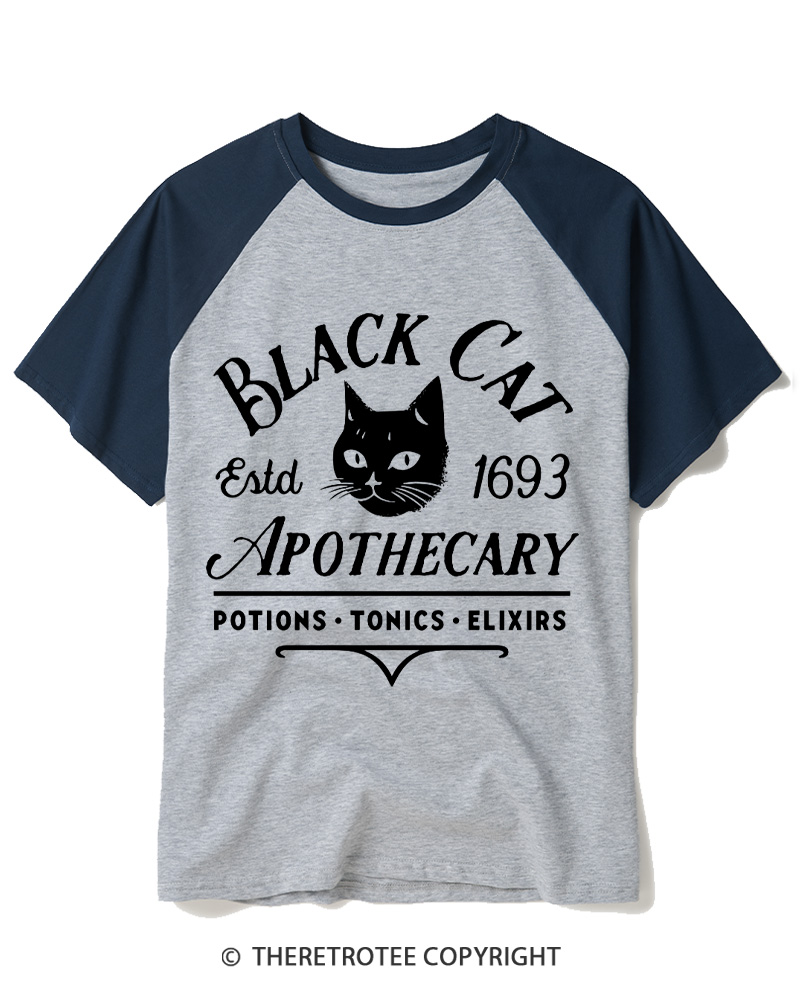 TheRetroTee Black Cat Apothecary Vintage Raglan Baseball T-Shirt