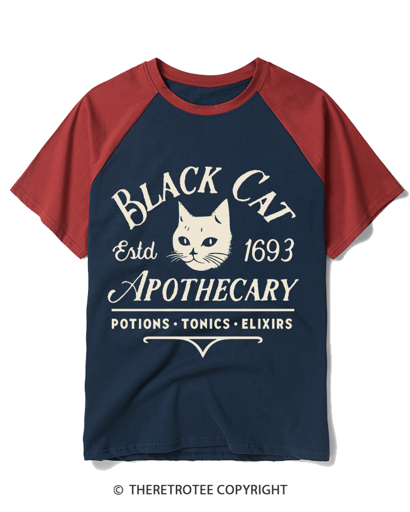 TheRetroTee Black Cat Apothecary Vintage Raglan Baseball T-Shirt