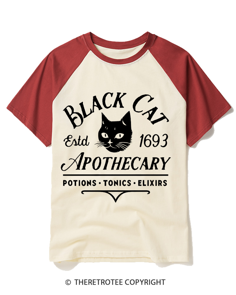 TheRetroTee Black Cat Apothecary Vintage Raglan Baseball T-Shirt