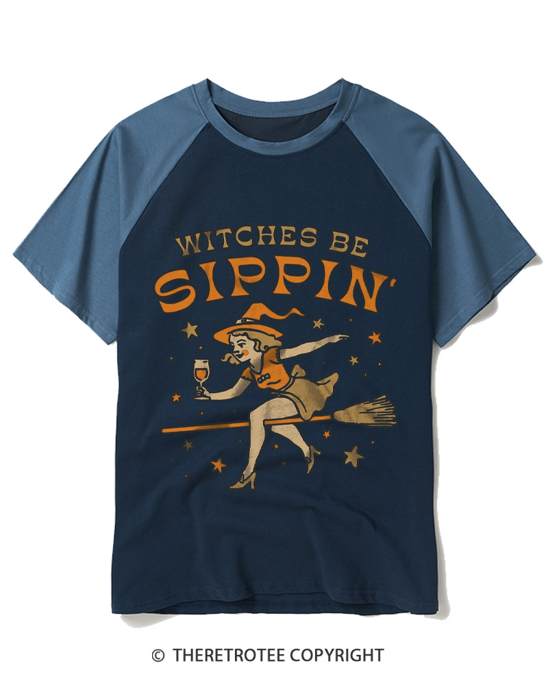 TheRetroTee Witches Be Sippin 1950s Raglan Baseball T-Shirt