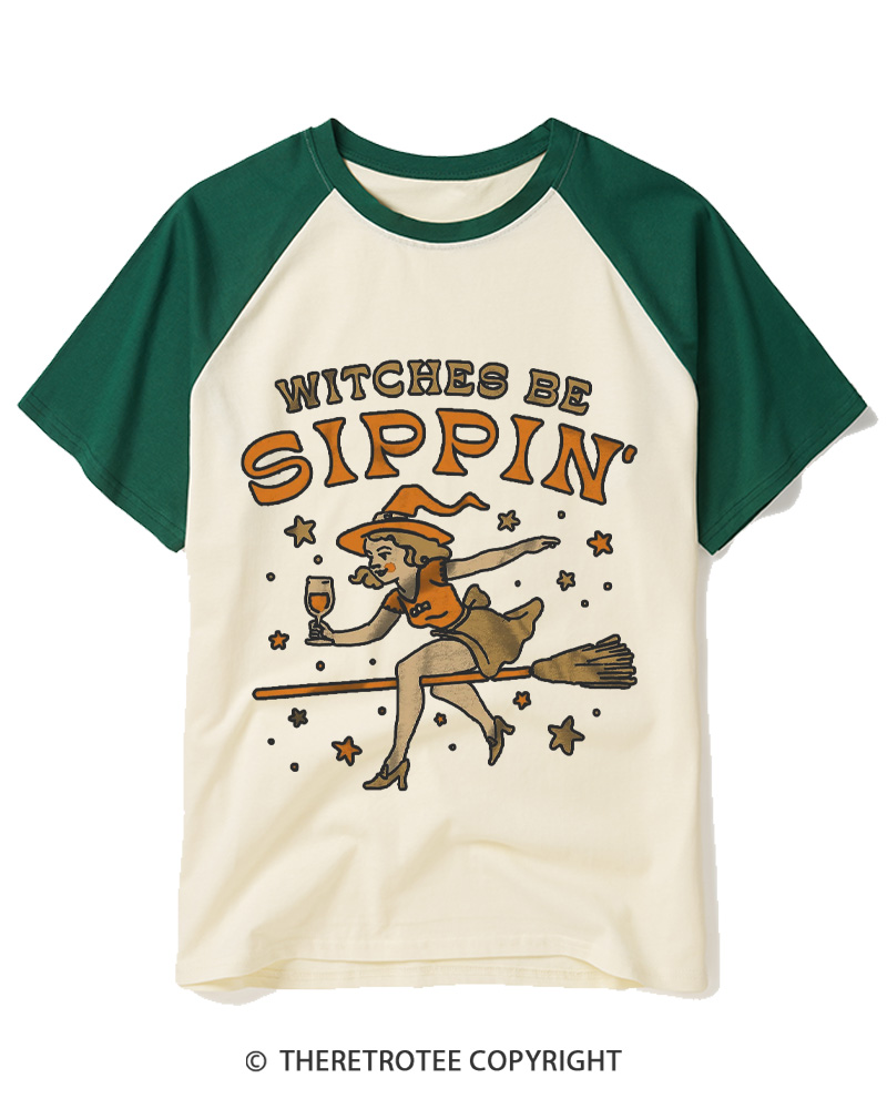 TheRetroTee Witches Be Sippin 1950s Raglan Baseball T-Shirt