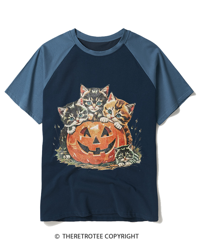 TheRetroTee Vintage Cat Halloween 1990s Raglan Baseball T-Shirt