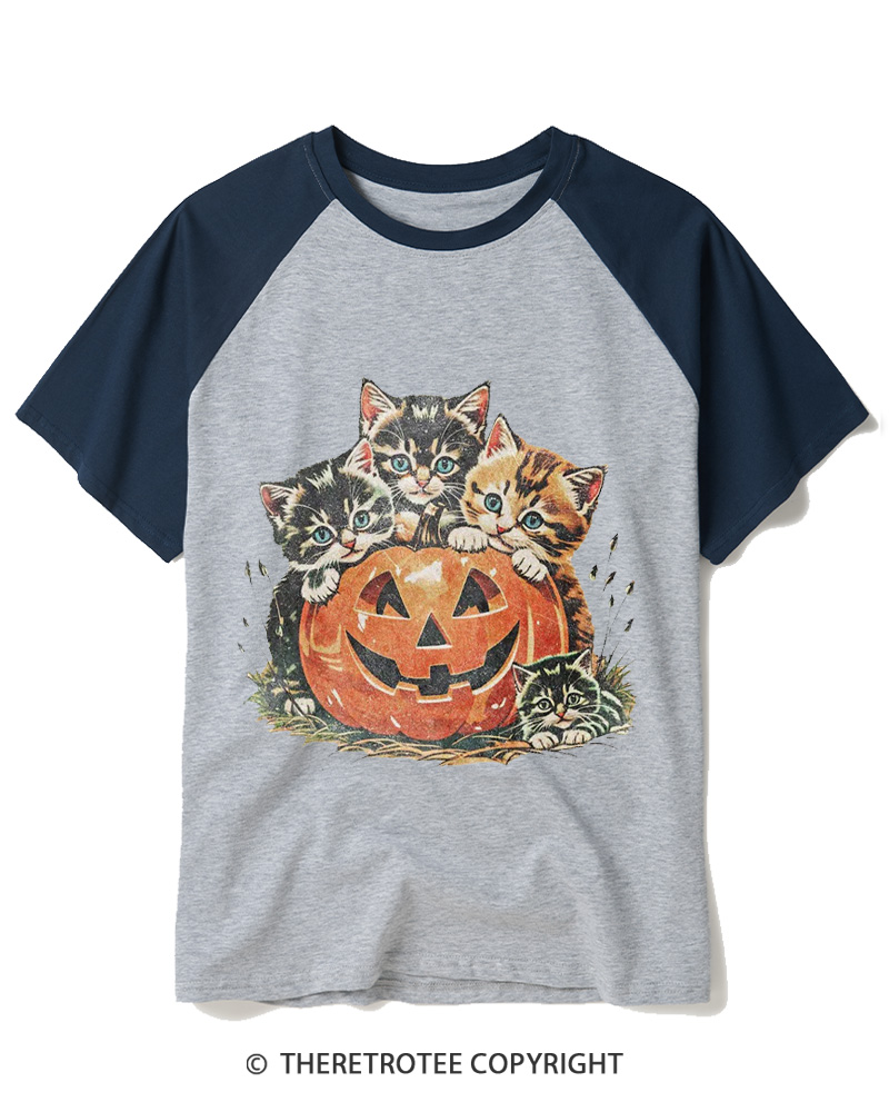 TheRetroTee Vintage Cat Halloween 1990s Raglan Baseball T-Shirt