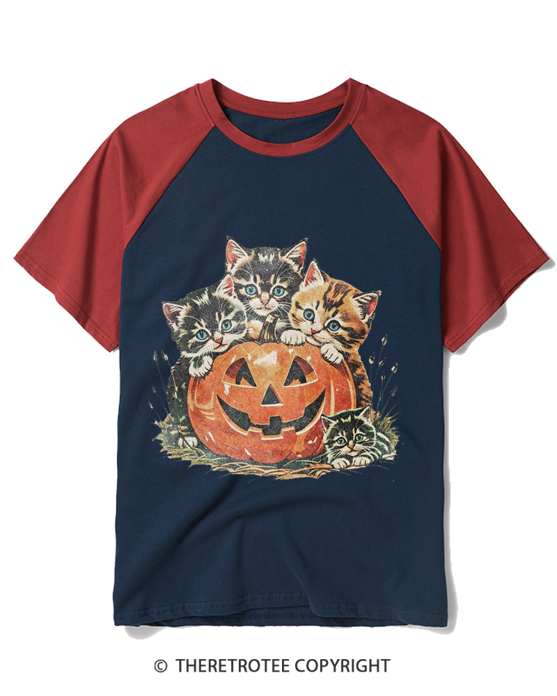 TheRetroTee Vintage Cat Halloween 1990s Raglan Baseball T-Shirt