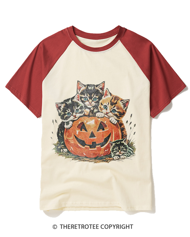 TheRetroTee Vintage Cat Halloween 1990s Raglan Baseball T-Shirt