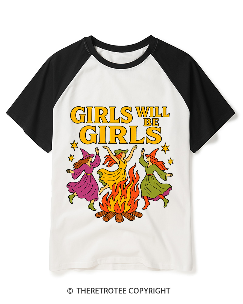 TheRetroTee Girls Will Be Girls 1970s Raglan Baseball T-Shirt
