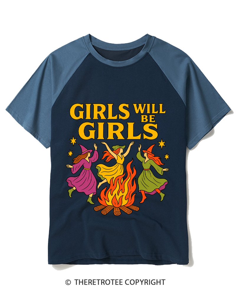 TheRetroTee Girls Will Be Girls 1970s Raglan Baseball T-Shirt
