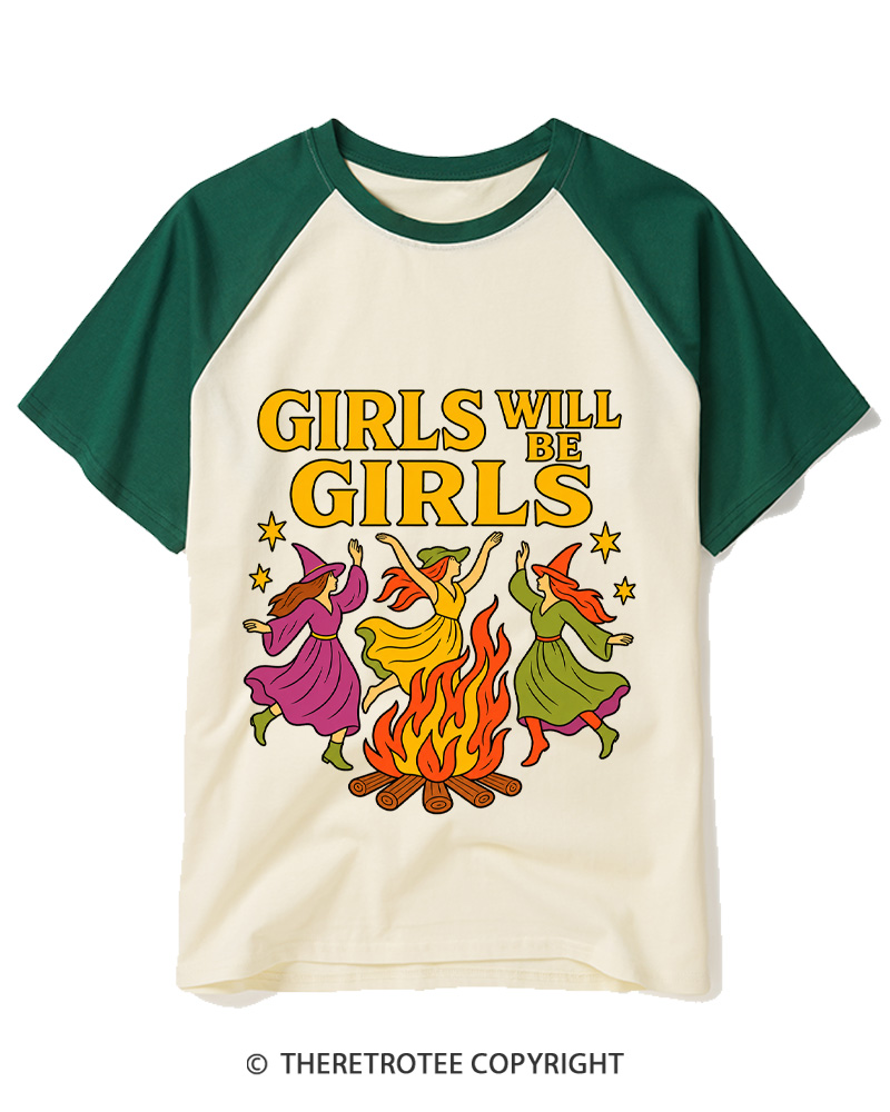 TheRetroTee Girls Will Be Girls 1970s Raglan Baseball T-Shirt