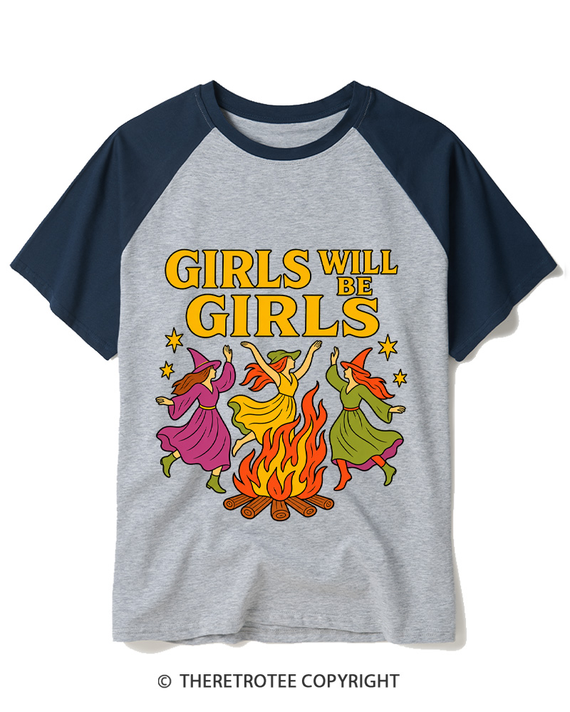 TheRetroTee Girls Will Be Girls 1970s Raglan Baseball T-Shirt