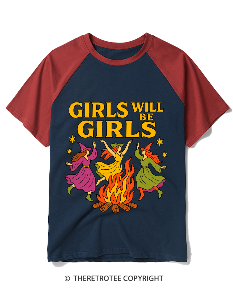 TheRetroTee Girls Will Be Girls 1970s Raglan Baseball T-Shirt