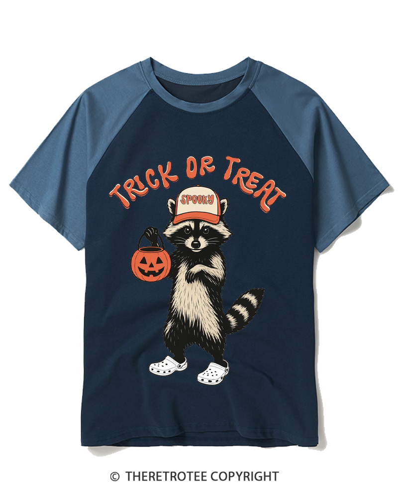 TheRetroTee Trick Or Treat 1990s Raglan Baseball T-Shirt