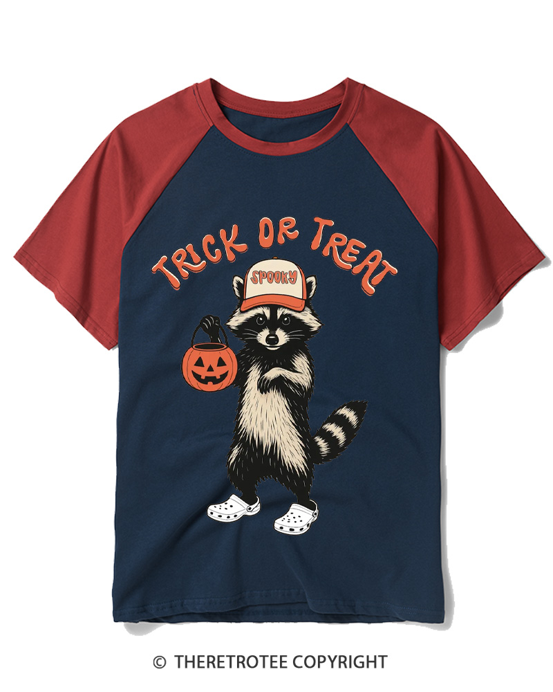 TheRetroTee Trick Or Treat 1990s Raglan Baseball T-Shirt