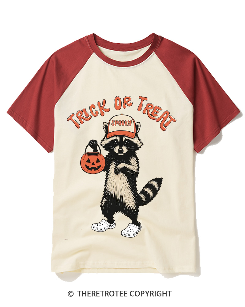 TheRetroTee Trick Or Treat 1990s Raglan Baseball T-Shirt