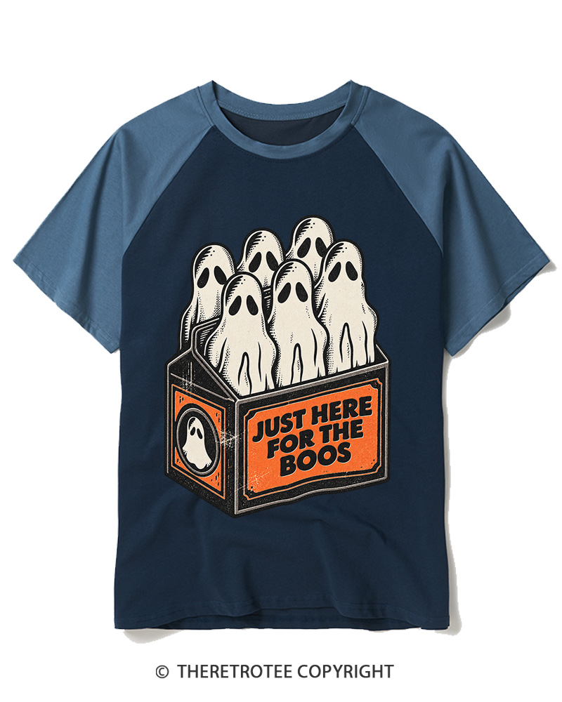 TheRetroTee Just Here For The Boos 1990s Raglan Baseball T-Shirt