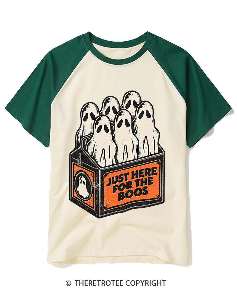 TheRetroTee Just Here For The Boos 1990s Raglan Baseball T-Shirt