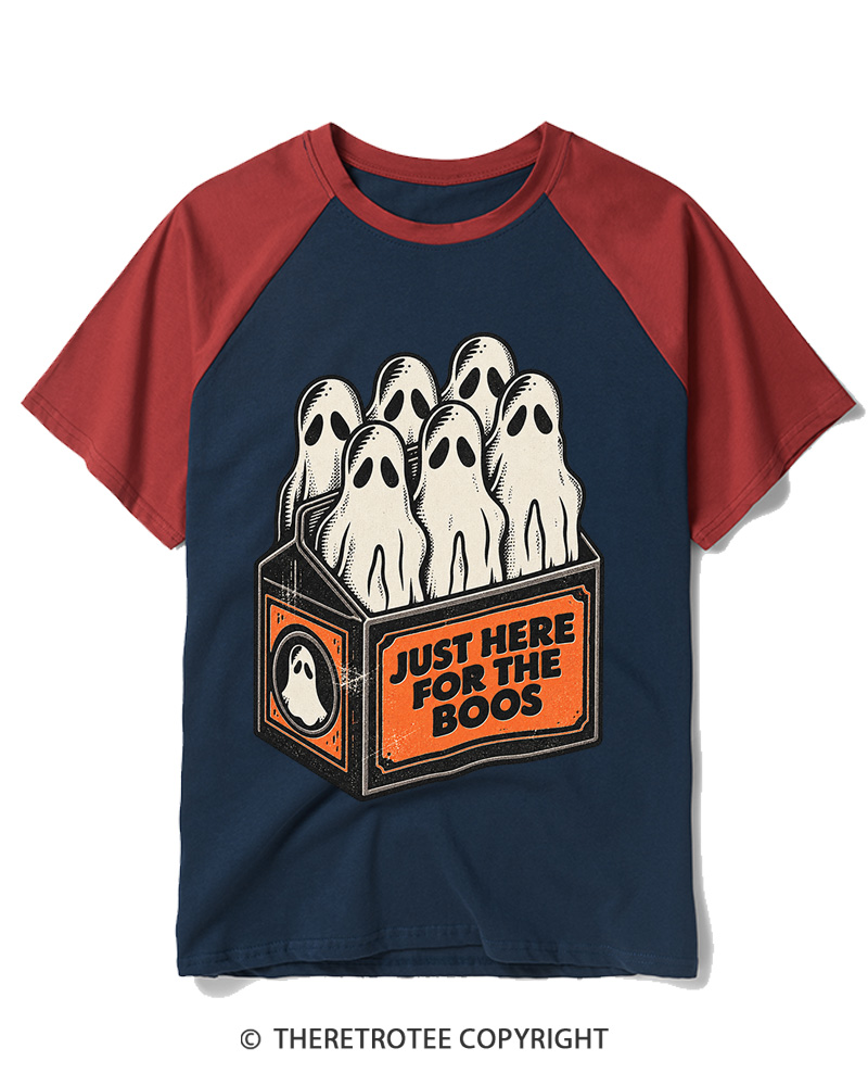 TheRetroTee Just Here For The Boos 1990s Raglan Baseball T-Shirt