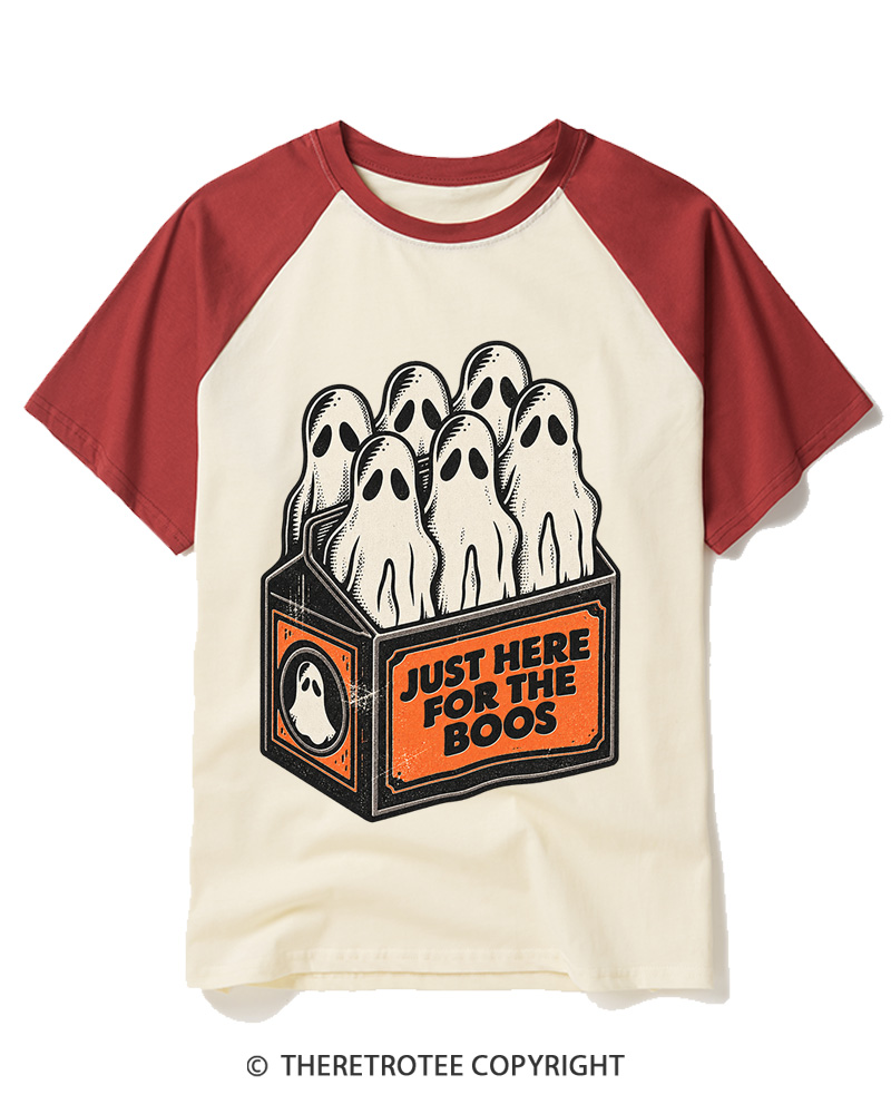 TheRetroTee Just Here For The Boos 1990s Raglan Baseball T-Shirt
