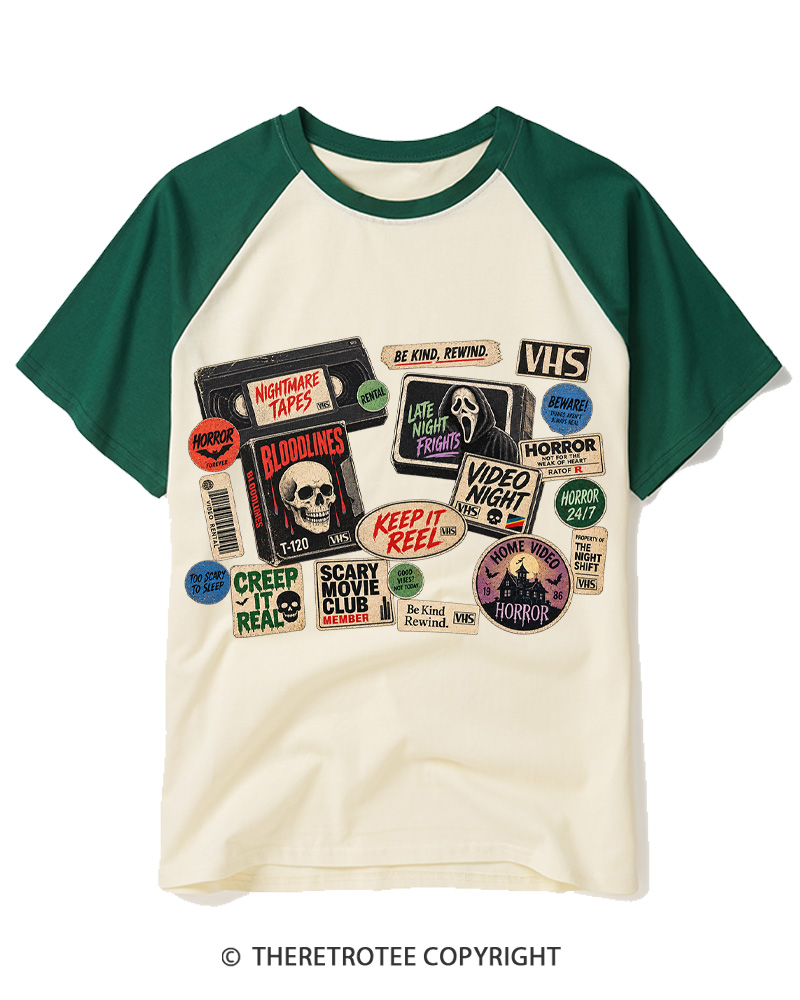 TheRetroTee VHS Horror 1980s Raglan Baseball T-Shirt