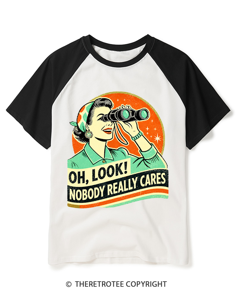 TheRetroTee Nobody Really Cares 1950s Raglan Baseball T-Shirt