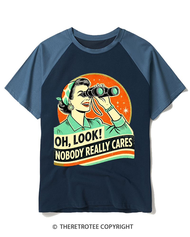 TheRetroTee Nobody Really Cares 1950s Raglan Baseball T-Shirt