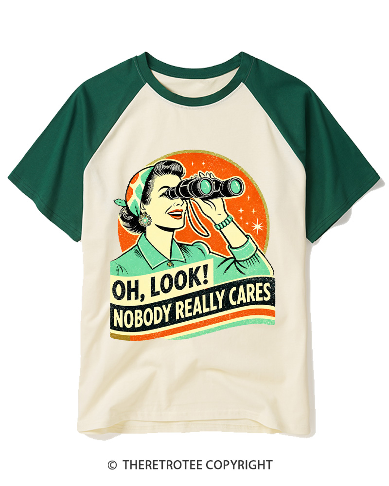 TheRetroTee Nobody Really Cares 1950s Raglan Baseball T-Shirt