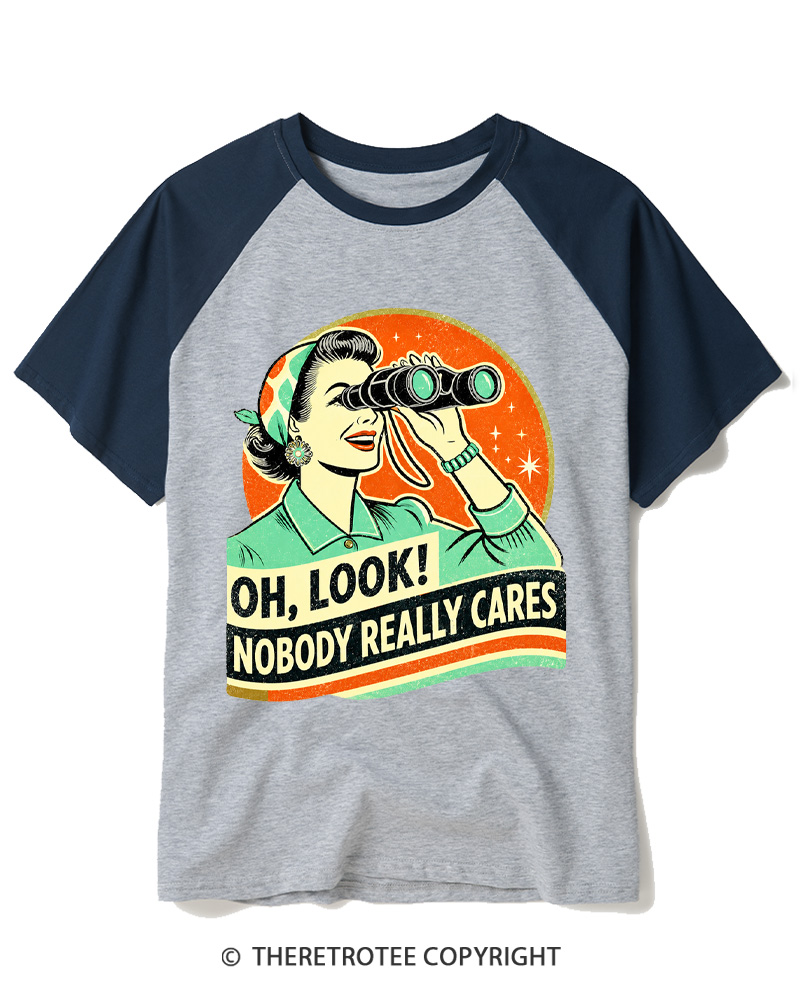 TheRetroTee Nobody Really Cares 1950s Raglan Baseball T-Shirt