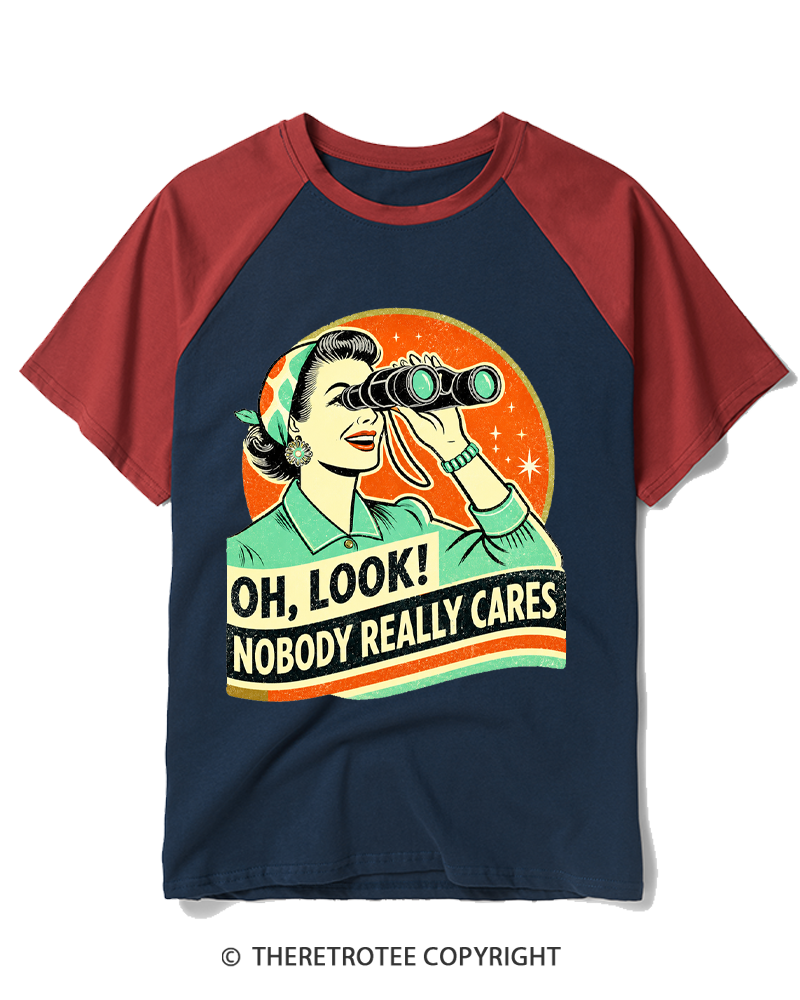 TheRetroTee Nobody Really Cares 1950s Raglan Baseball T-Shirt